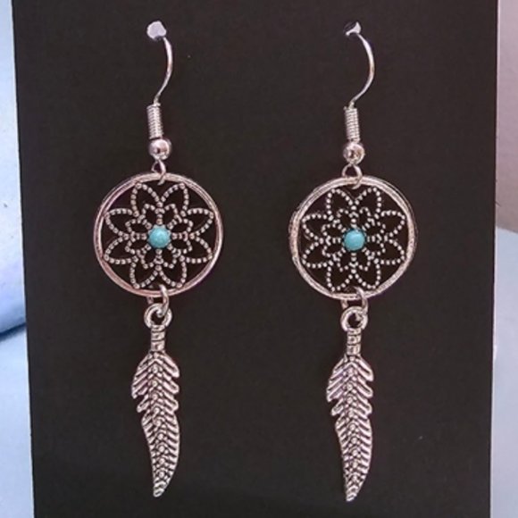 Blue Silver Dream Catcher Feather Earrings & Teardrop Studs - Picture 3 of 8